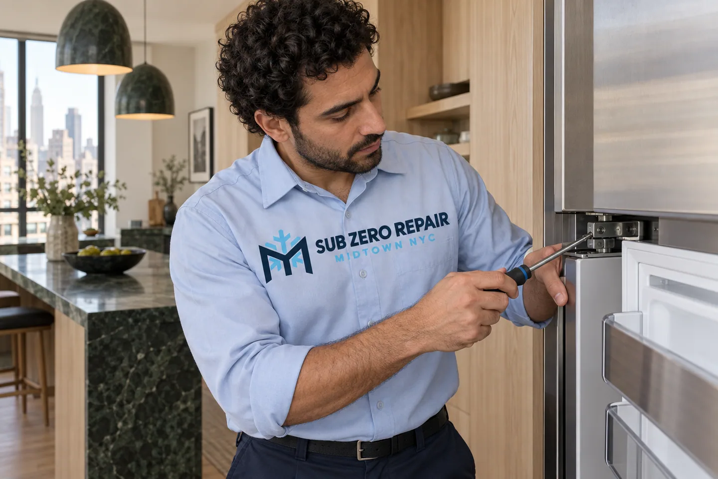Illustrative technician in a Sub Zero Repair Midtown NYC logo uniform: Monogram Appliance Repair in Midtown Manhattan