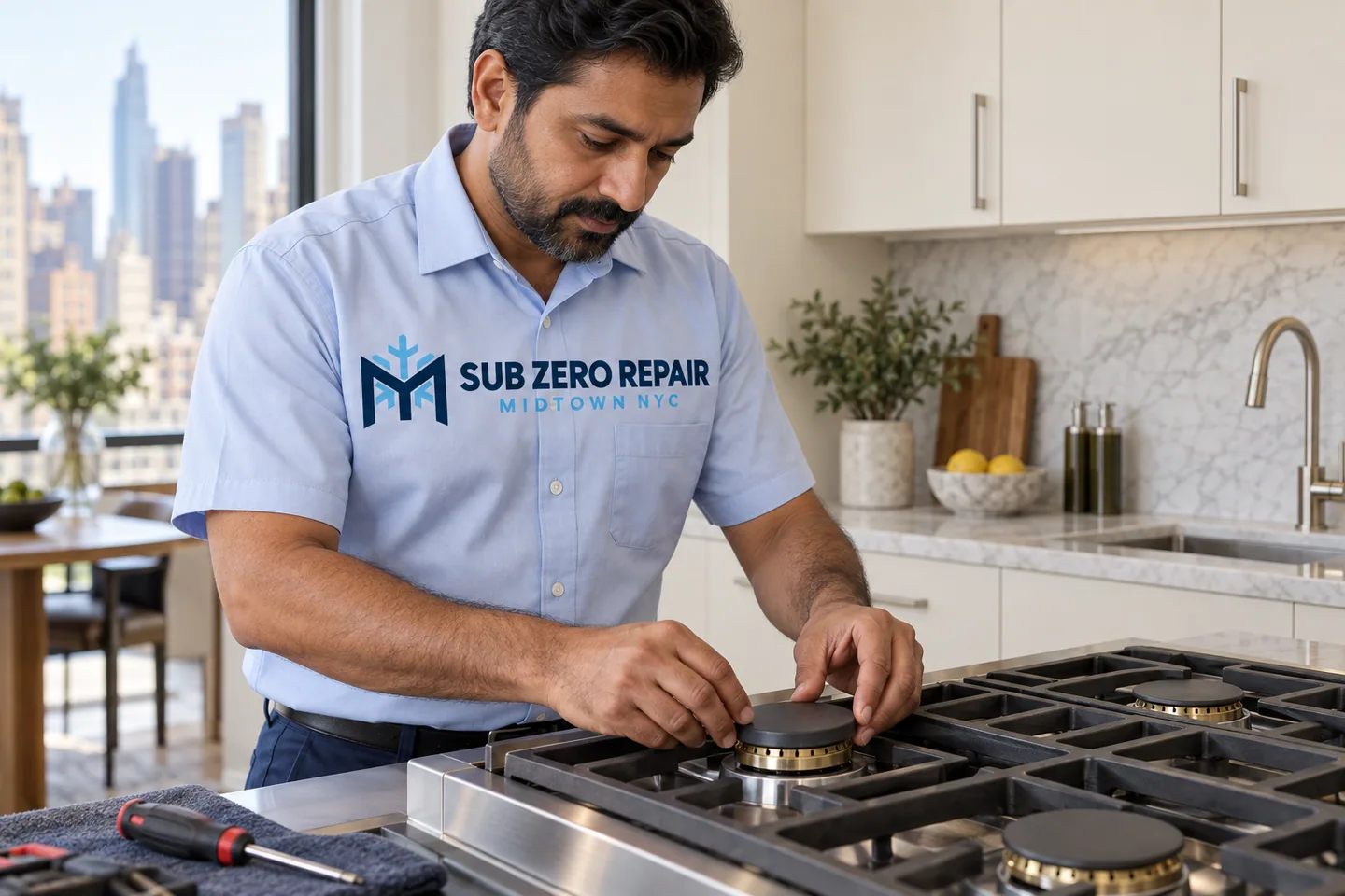 Illustrative technician in a Sub Zero Repair Midtown NYC logo uniform: Wolf Appliance Repair in Midtown Manhattan
