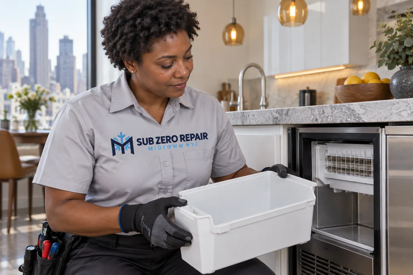 Illustrative technician in a Sub Zero Repair Midtown NYC logo uniform: Sub-Zero Ice Maker Not Making Ice: Service Preparation