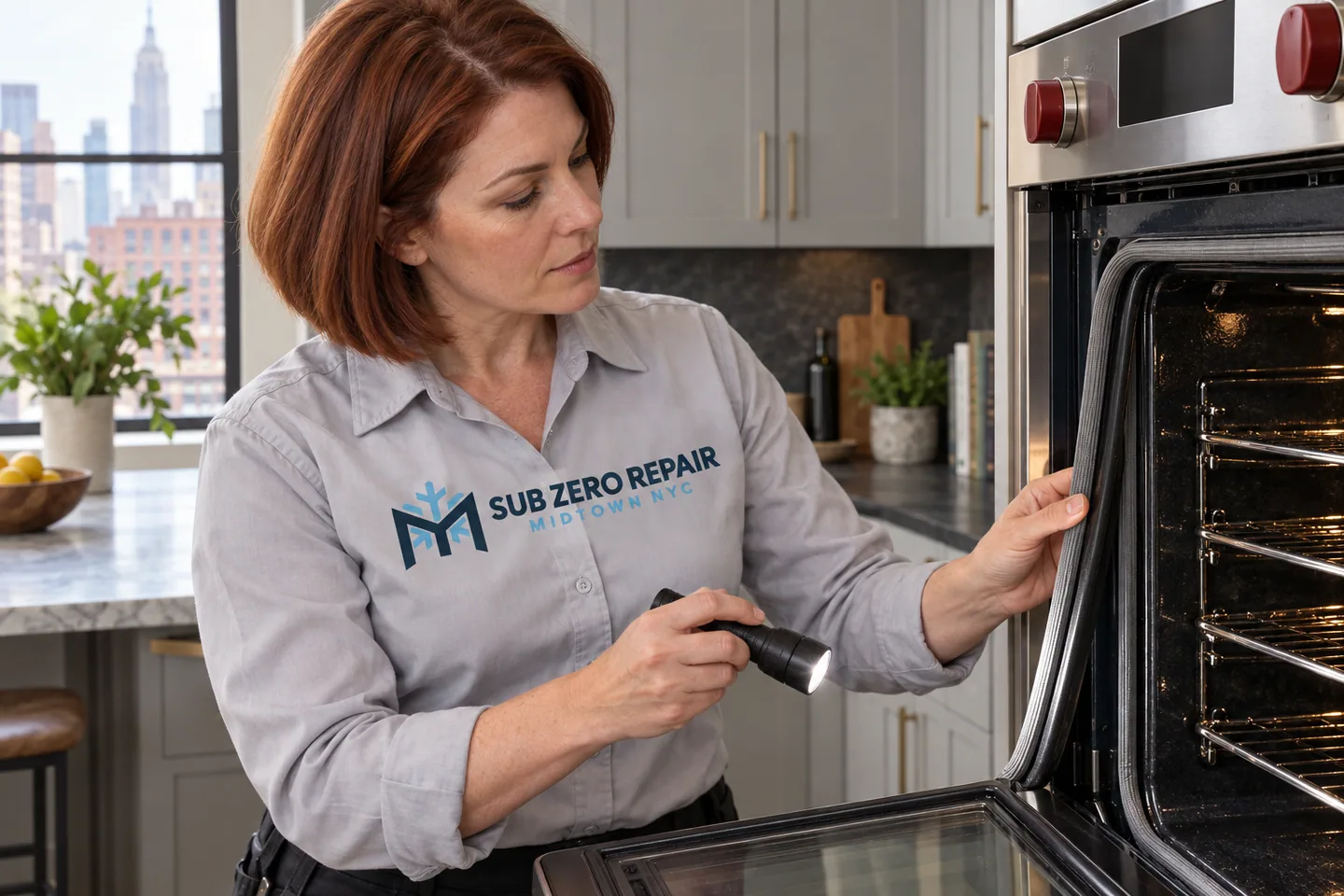 Illustrative technician in a Sub Zero Repair Midtown NYC logo uniform: Wolf Oven Not Heating: What to Tell Your Technician