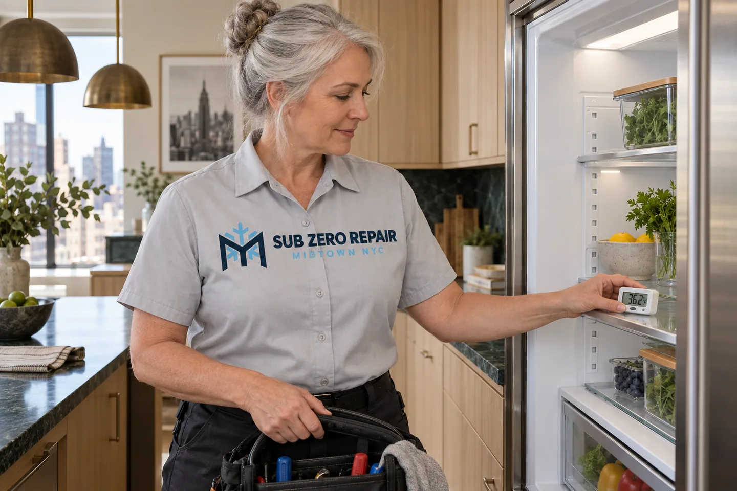 Illustrative technician in a Sub Zero Repair Midtown NYC logo uniform: Appliance Repair in Hell’s Kitchen, Manhattan