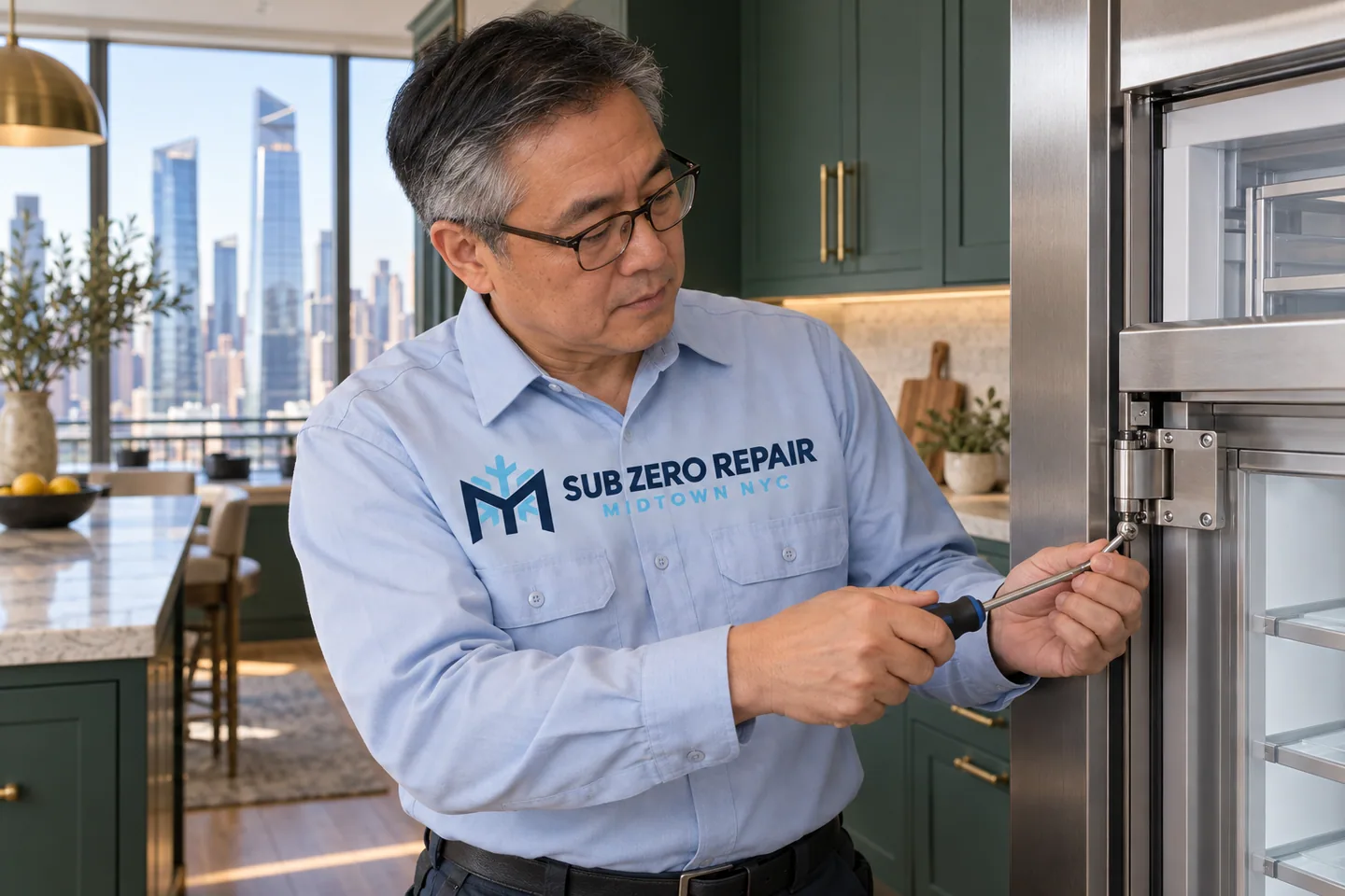 Illustrative technician in a Sub Zero Repair Midtown NYC logo uniform: Sub-Zero Refrigerator Repair in Hudson Yards, Manhattan