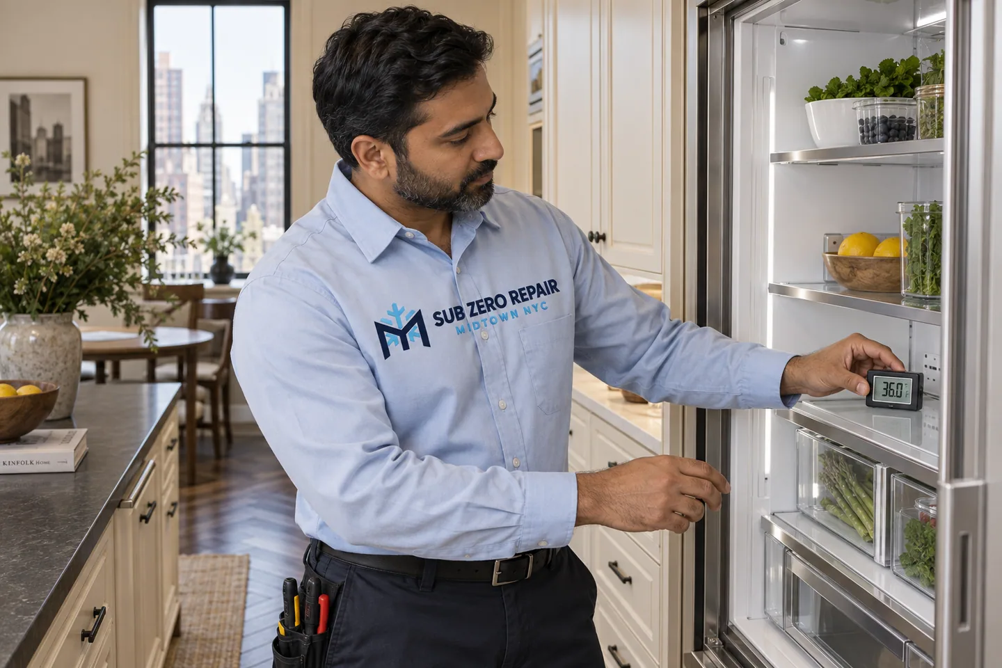 Illustrative technician in a Sub Zero Repair Midtown NYC logo uniform: Sub-Zero Refrigerator Repair in Kips Bay, Manhattan
