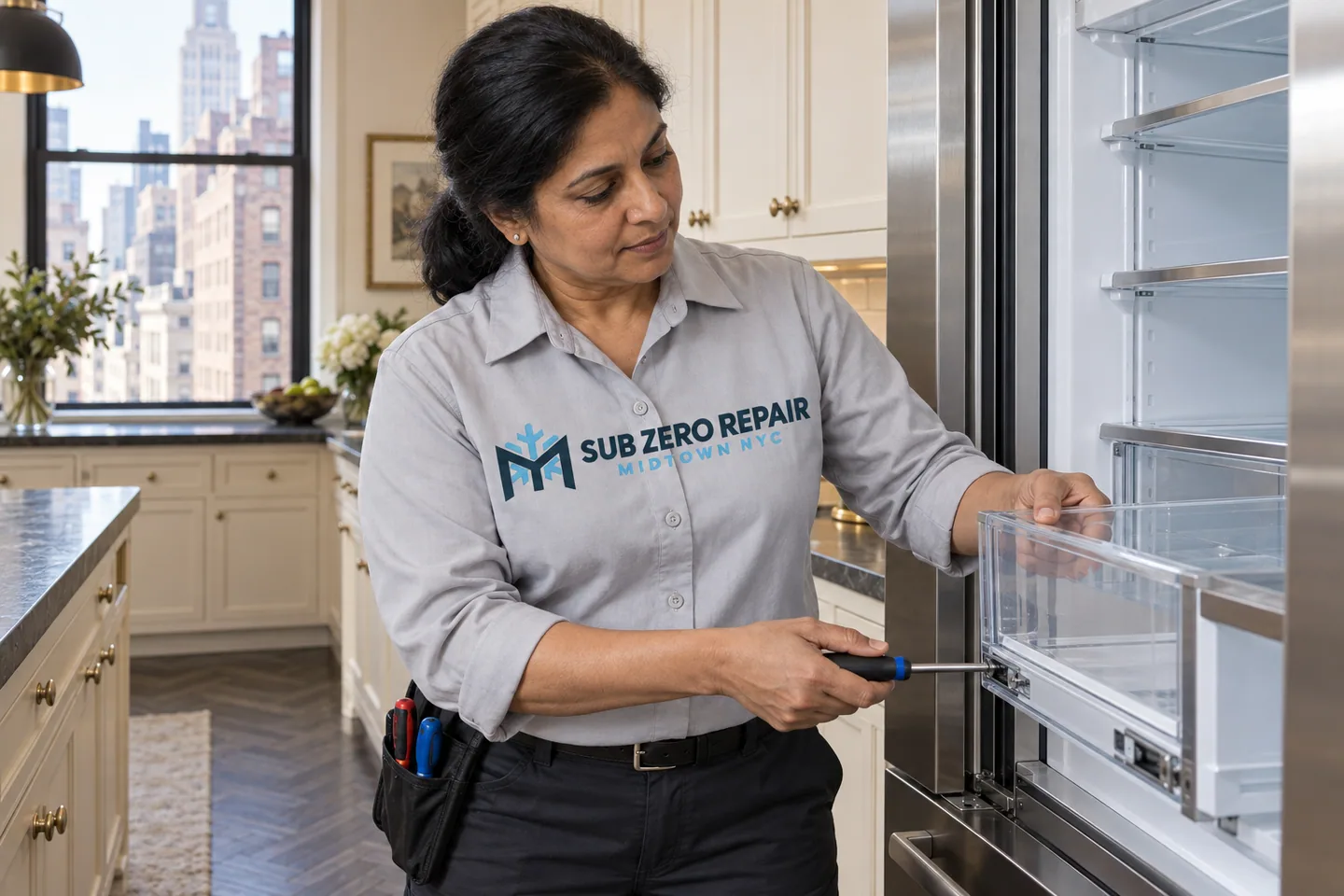 Illustrative technician in a Sub Zero Repair Midtown NYC logo uniform: Sub-Zero Refrigerator Repair in Murray Hill, Manhattan
