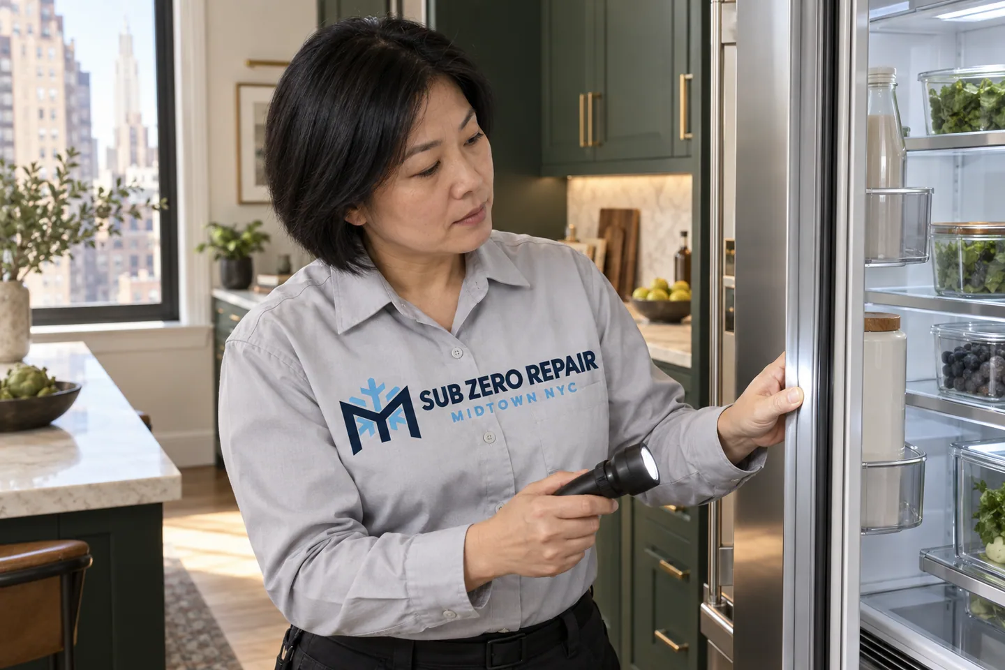 Illustrative technician in a Sub Zero Repair Midtown NYC logo uniform: Sub-Zero Refrigerator Repair in Sutton Place, Manhattan