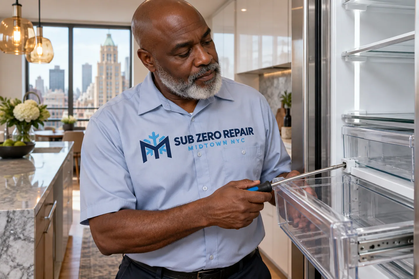 Illustrative technician in a Sub Zero Repair Midtown NYC logo uniform: Sub-Zero Refrigerator Repair in Turtle Bay, Manhattan