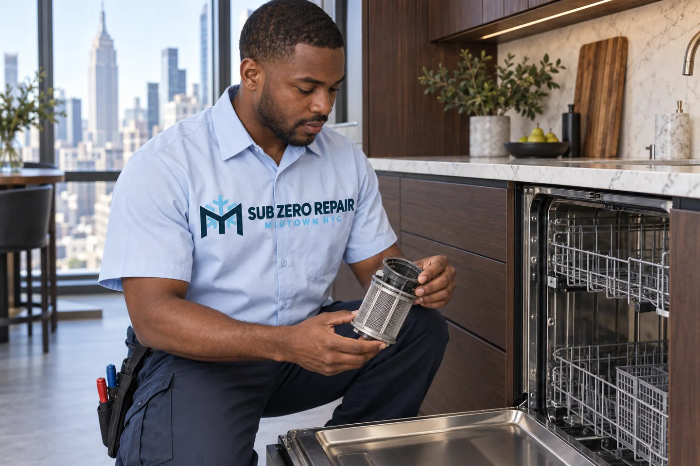 Illustrative technician in a Sub Zero Repair Midtown NYC logo uniform: Monogram Dishwasher Repair in Midtown Manhattan