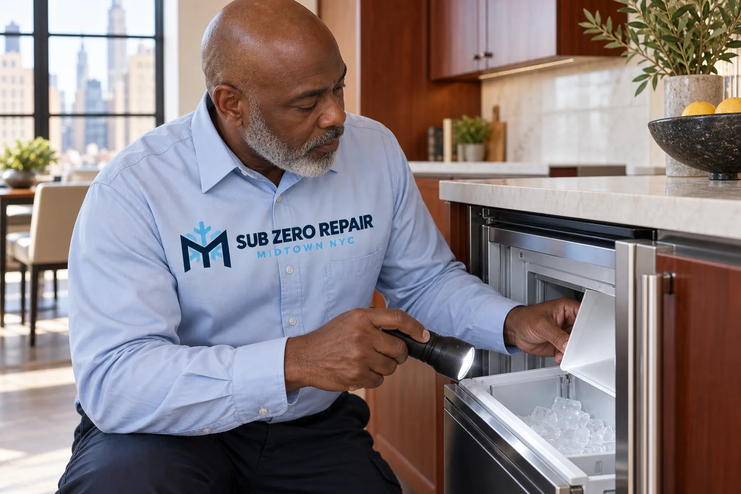 Illustrative technician in a Sub Zero Repair Midtown NYC logo uniform: Monogram Ice Maker Repair in Midtown Manhattan