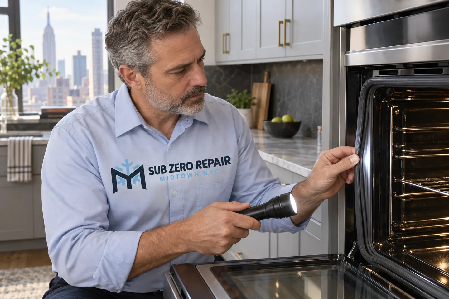Illustrative technician in a Sub Zero Repair Midtown NYC logo uniform: Monogram Oven Repair in Midtown Manhattan