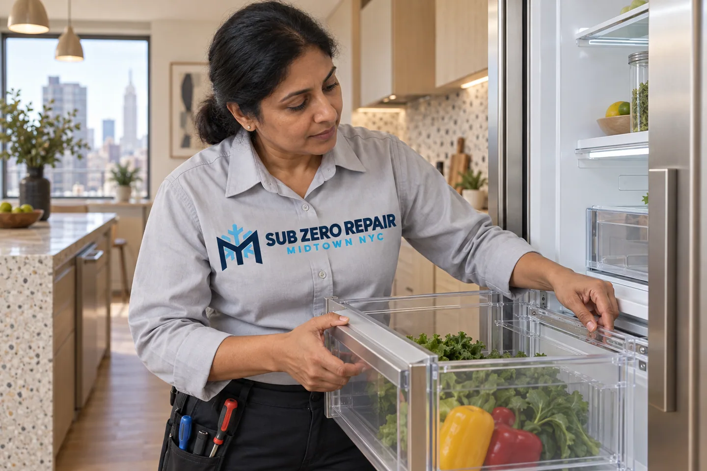 Illustrative technician in a Sub Zero Repair Midtown NYC logo uniform: Monogram Refrigerator Repair in Midtown Manhattan