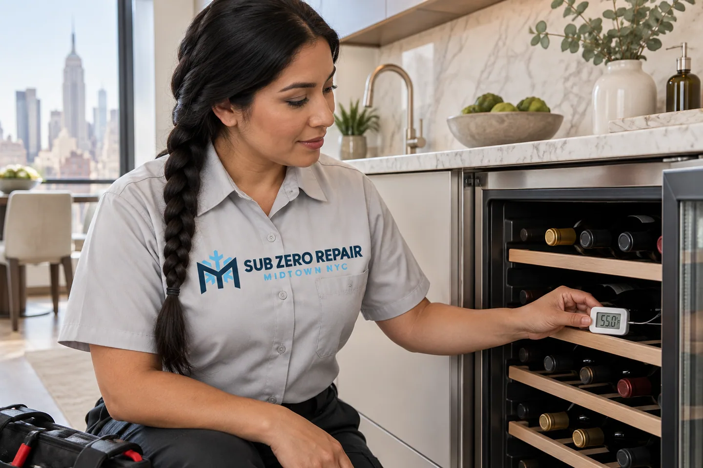 Illustrative technician in a Sub Zero Repair Midtown NYC logo uniform: Monogram Wine Cooler Repair in Midtown Manhattan