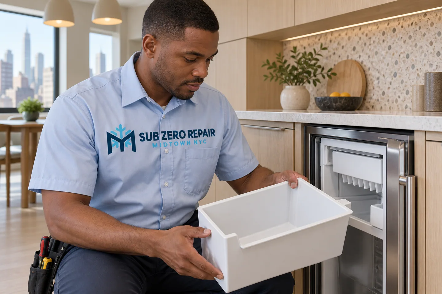 Illustrative technician in a Sub Zero Repair Midtown NYC logo uniform: Sub-Zero Ice Maker Repair in Midtown Manhattan
