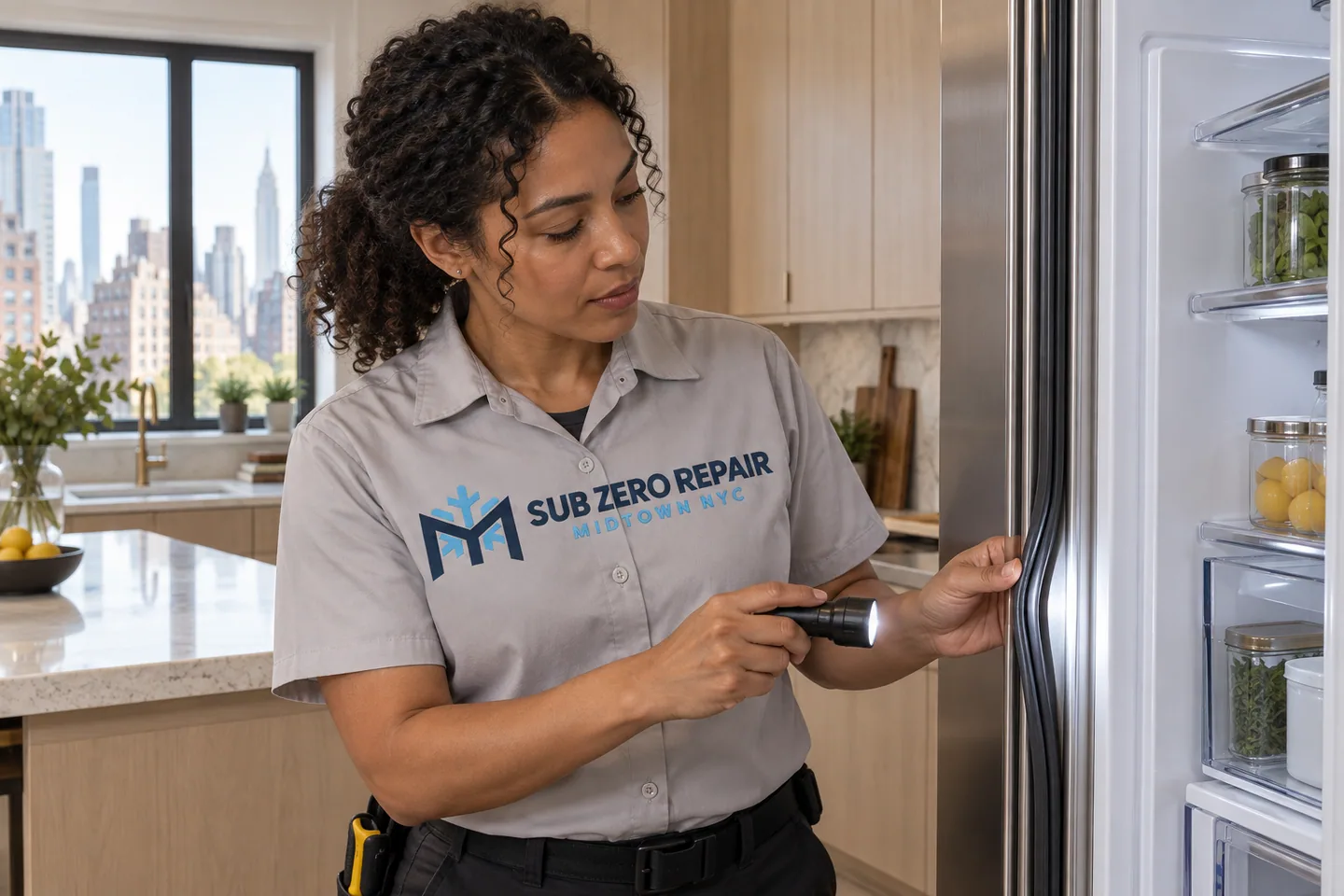 Illustrative technician in a Sub Zero Repair Midtown NYC logo uniform: Sub-Zero Refrigerator Repair in Midtown Manhattan