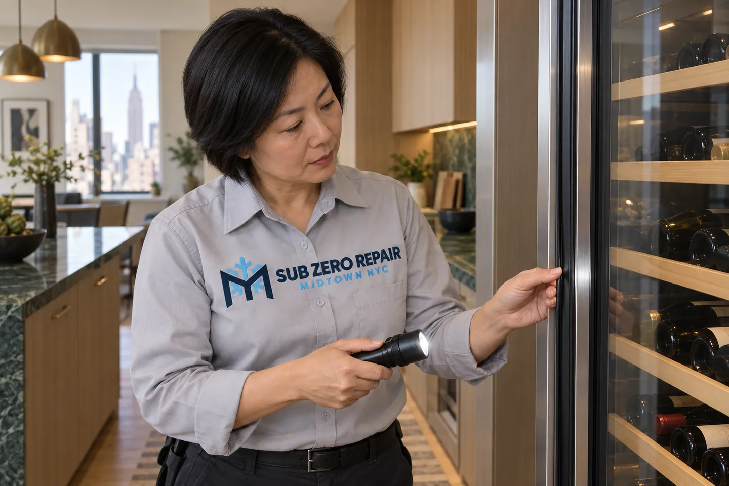 Illustrative technician in a Sub Zero Repair Midtown NYC logo uniform: Sub-Zero Wine Cooler Repair in Midtown Manhattan