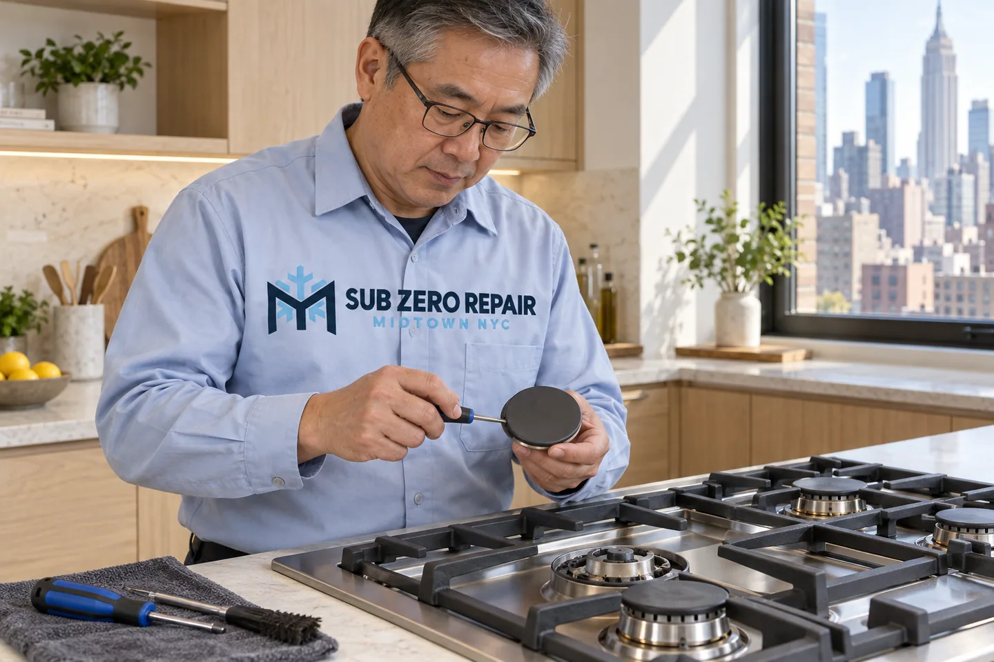 Illustrative technician in a Sub Zero Repair Midtown NYC logo uniform: Thermador Cooktop Repair in Midtown Manhattan
