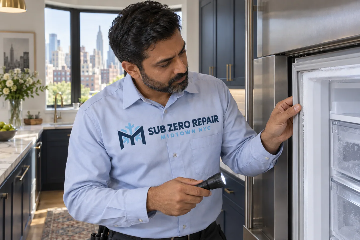 Illustrative technician in a Sub Zero Repair Midtown NYC logo uniform: Thermador Freezer Repair in Midtown Manhattan