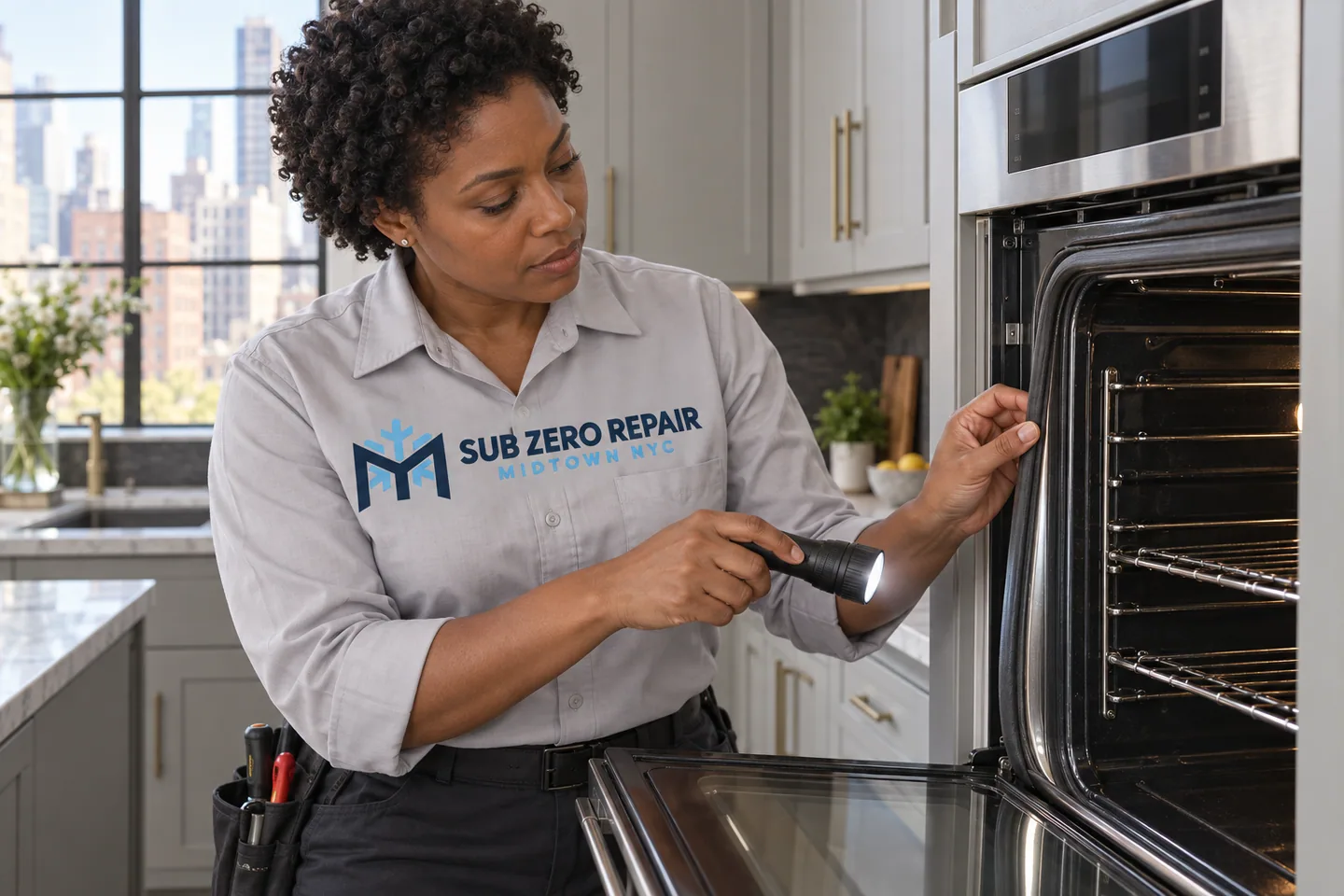 Illustrative technician in a Sub Zero Repair Midtown NYC logo uniform: Thermador Oven Repair in Midtown Manhattan