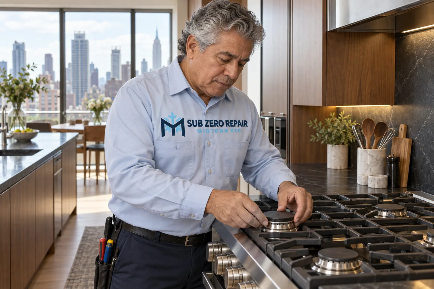 Illustrative technician in a Sub Zero Repair Midtown NYC logo uniform: Thermador Range Repair in Midtown Manhattan