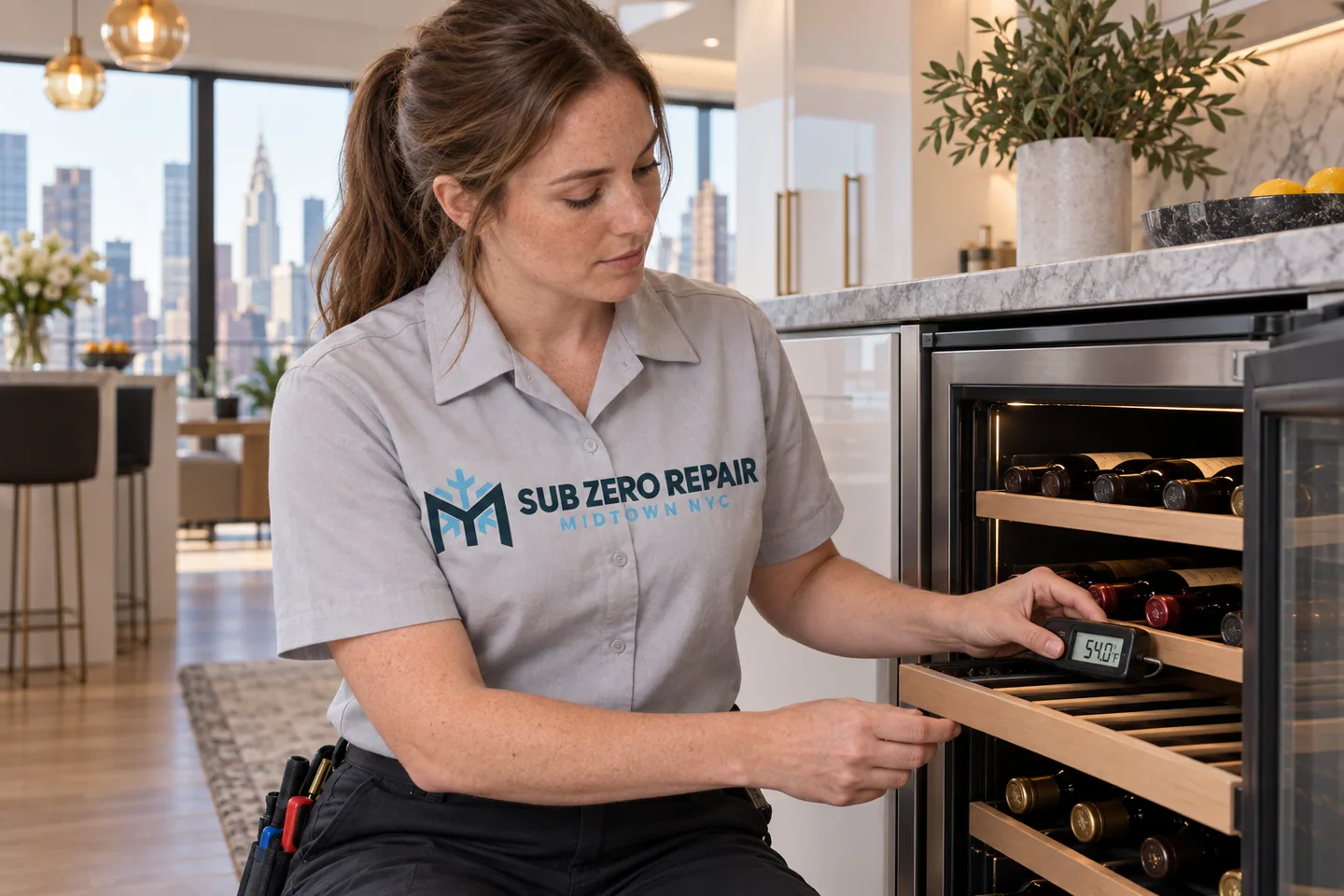 Illustrative technician in a Sub Zero Repair Midtown NYC logo uniform: Thermador Wine Cooler Repair in Midtown Manhattan