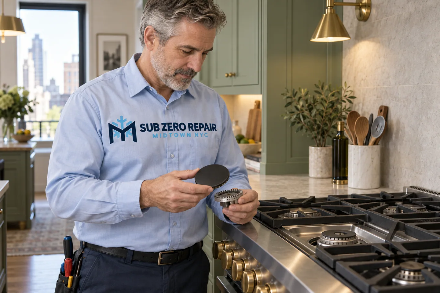 Illustrative technician in a Sub Zero Repair Midtown NYC logo uniform: Viking Cooktop Repair in Midtown Manhattan