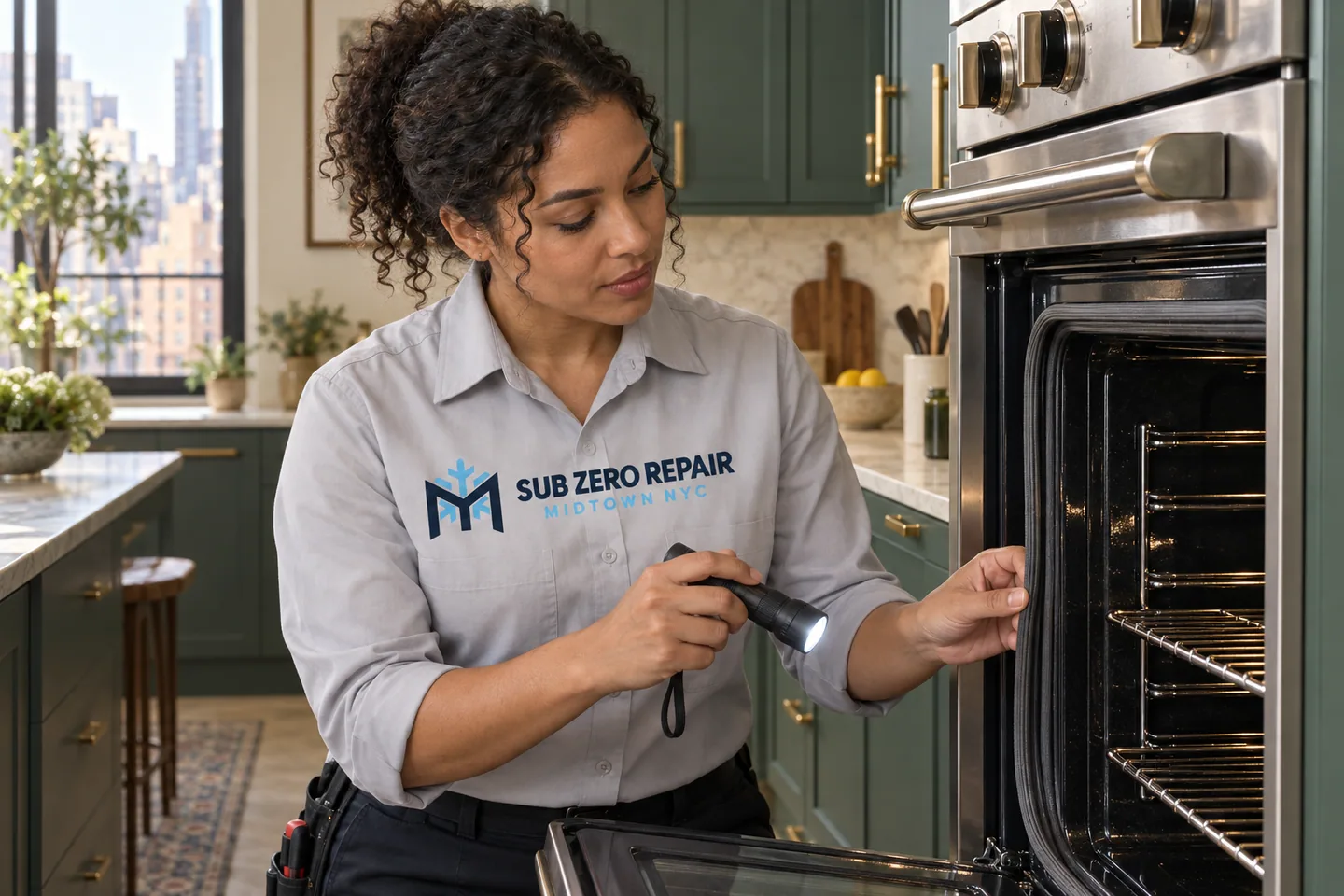 Illustrative technician in a Sub Zero Repair Midtown NYC logo uniform: Viking Oven Repair in Midtown Manhattan
