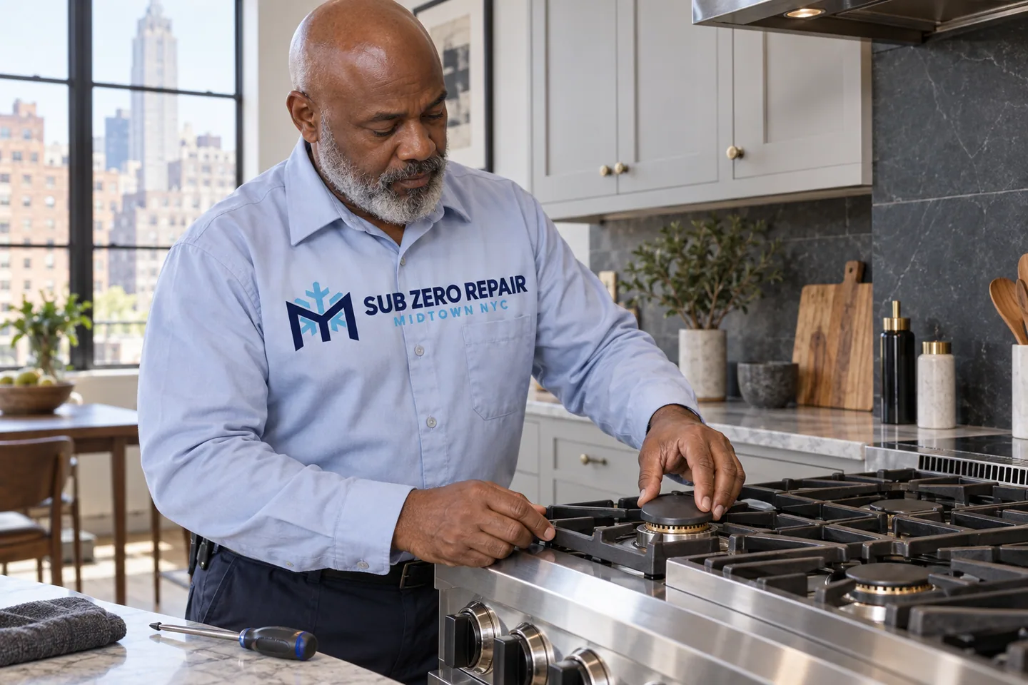 Illustrative technician in a Sub Zero Repair Midtown NYC logo uniform: Viking Range Repair in Midtown Manhattan