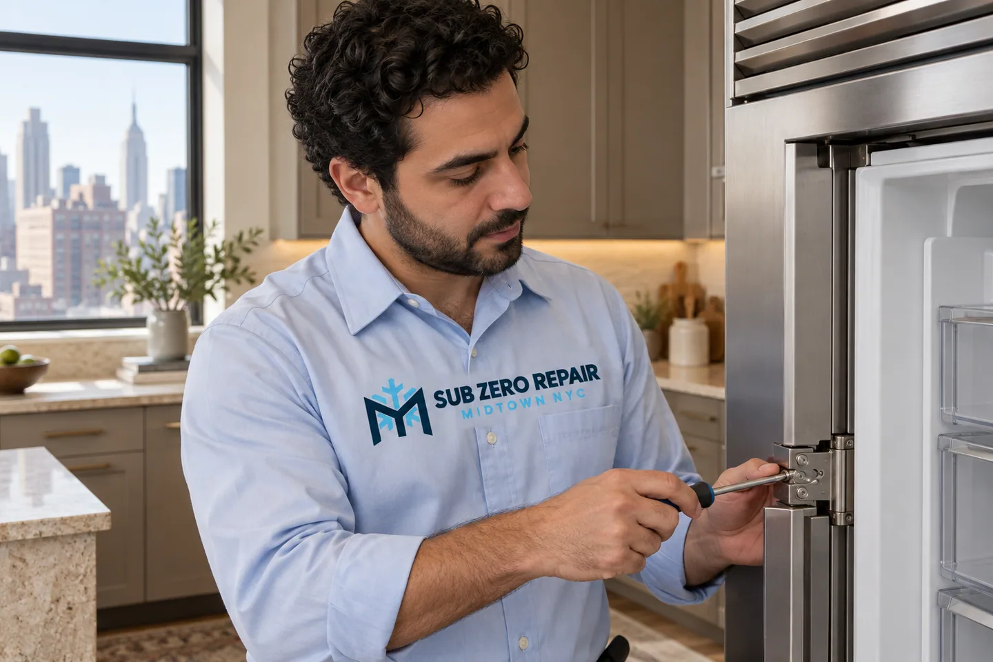Illustrative technician in a Sub Zero Repair Midtown NYC logo uniform: Viking Refrigerator Repair in Midtown Manhattan