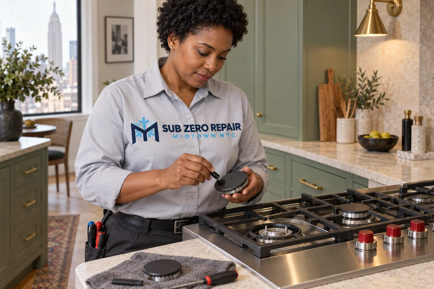 Illustrative technician in a Sub Zero Repair Midtown NYC logo uniform: Wolf Cooktop Repair in Midtown Manhattan