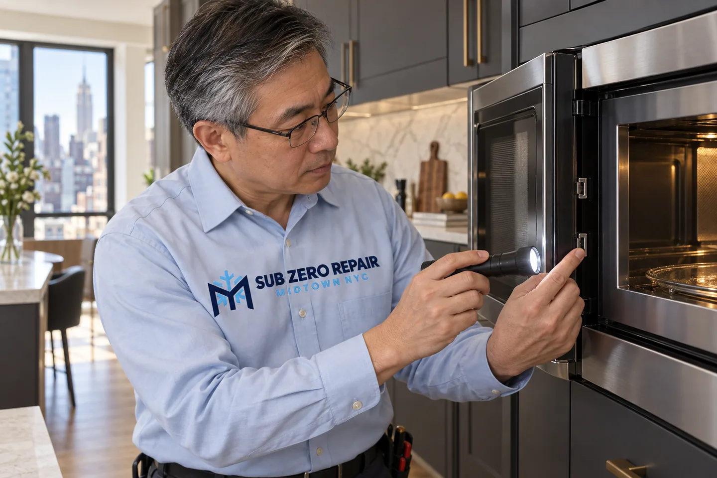 Illustrative technician in a Sub Zero Repair Midtown NYC logo uniform: Wolf Microwave Repair in Midtown Manhattan