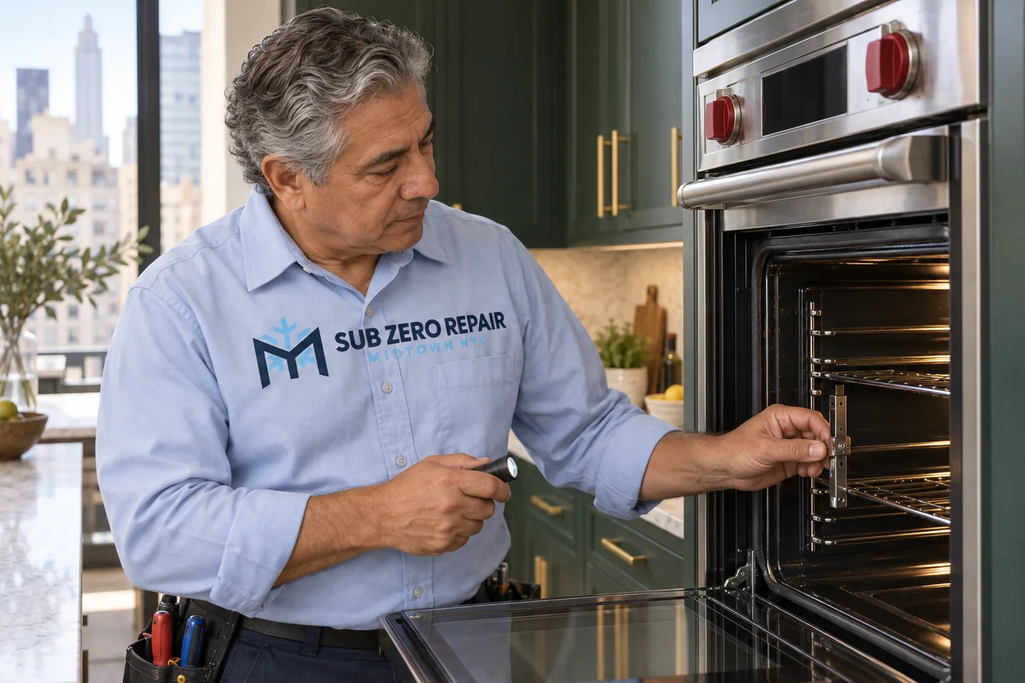 Illustrative technician in a Sub Zero Repair Midtown NYC logo uniform: Wolf Oven Repair in Midtown Manhattan