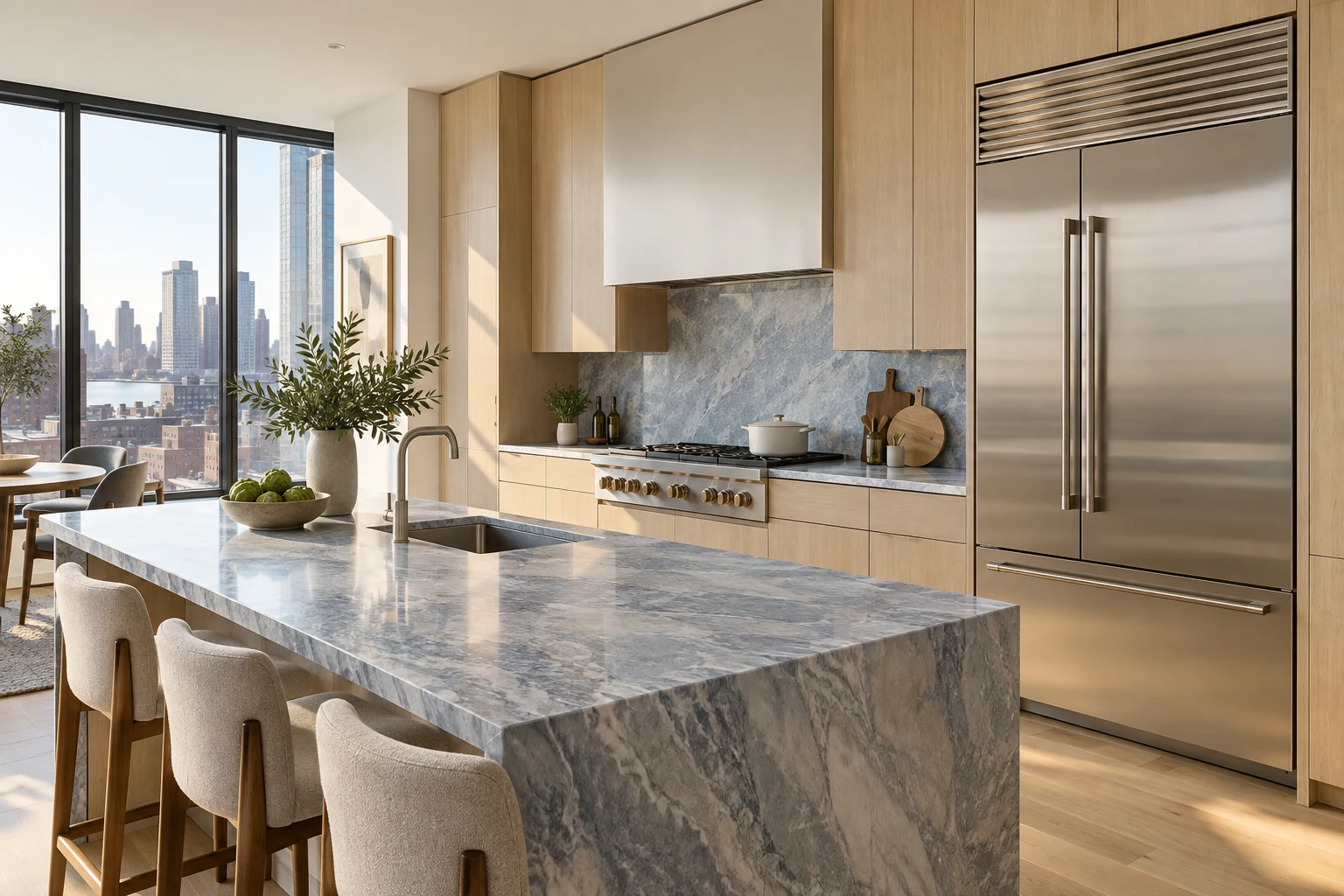 Sunlit Manhattan kitchen with built-in stainless steel refrigerator and marble island